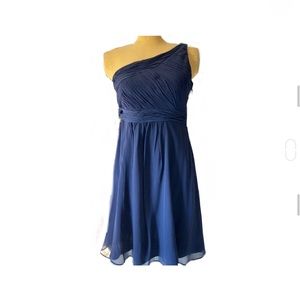 One Shouldered Mini Dress in Navy Crepe with Pleated Bodice Size 8P